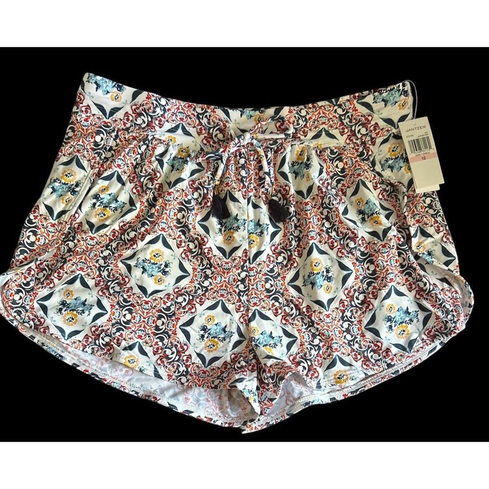 Jantzen White Swim One-Piece with Red and Blue Tile Print